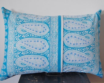24" x 16" Paisley Blue & White Throw Pillow Cushion Bright Summer Print Pattern Handmade Long Large Size Cotton Fabric / Featherdown Insert