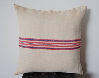 20" x 20" French Grain Sack Pillow - Vintage Fabric Red Blue Stripe - Classic Natural European Throw Cushion Thick Linen Handmade Upcycled