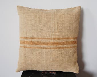 18" x 18" French Grain Sack Pillow Vintage Fabric Triple Stripe Classic Neutral Natural European Throw Cushion Thick Linen Handmade Upcycled