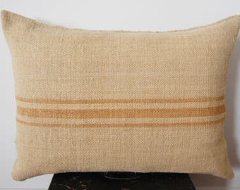 24" x 18" French Grain Sack Pillow Vintage Fabric Triple Stripe Classic Neutral Natural European Throw Cushion Thick Linen Handmade Upcycled