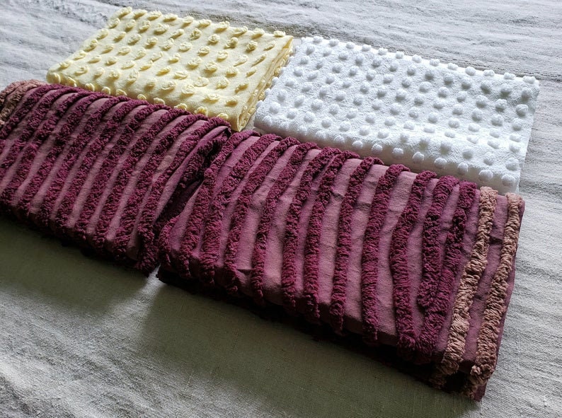 Vintage Chenille Fabric Fat Quarters 18 x 22 Inches Set of 4 Craft Pieces Bedspread Cutters Assorted Colors White Yellow Dark Burgundy LOT 8