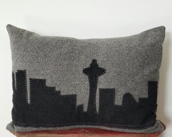 24" x 18" Wool Seattle Skyline Throw Pillow Cover Cushion Gray Grey Black Color Emerald City Pacific Northwest PNW Thick Woolen Home Decor
