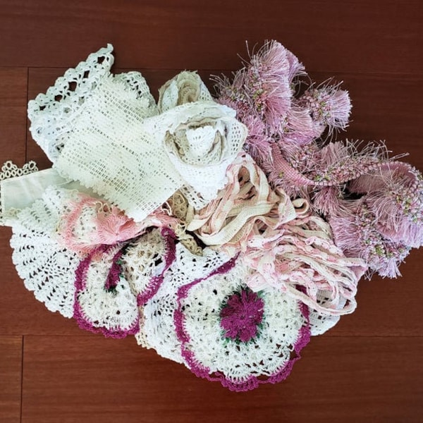 Assorted Vintage Linens - Mixed Lot of Table Doilies Runners etc Crocheted Embroidered Lacy Trim Neutral Pink White Beige - 18 Pieces LOT 7