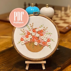 Instant Download Embroidery PDF - Flower Basket Hand Embroidery Pattern for Beginners and Seasoned stitchers - Wall Art DIY Needlework Gift