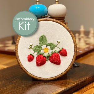 Embroidery Kit - Strawberry Hand Embroidery Full Kit for Beginners and Seasoned stitchers - Wall Art DIY Needlework Gift