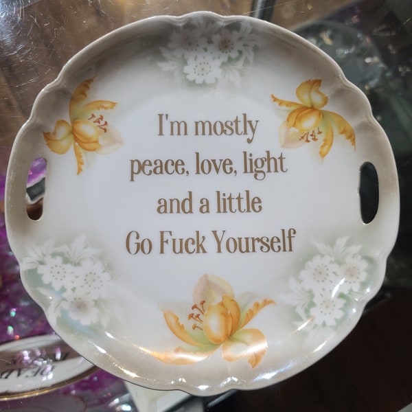 I'm mostly Peace Love Light and a little Go Fuck Yourself Orange White Flowers Decorative Vintage China Rude Funny 9" Plate