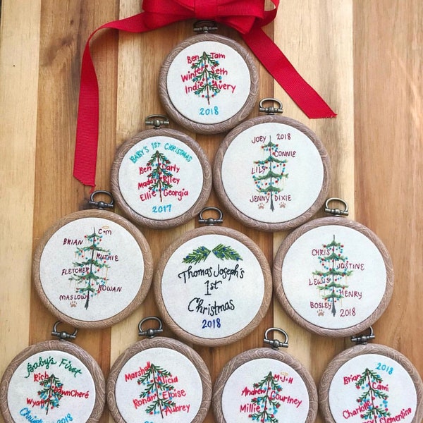 PREORDER Hand Embroidered Christmas Family Tree Custom Ornament Hoop Art