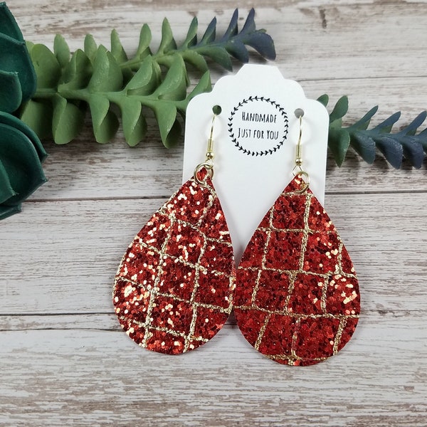Holiday Sequin Sparkle Red Gold Glitter Textured Faux Leather Teardrop Earrings/Christmas New Year Holiday Earrings/Gift for her under 10