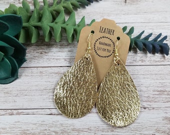 Metallic Gold Leather Teardrop Earrings/Soft Textured Petal Earrings/Gift for Her under 10/Dangle Drop Leather Jewelry Accessories