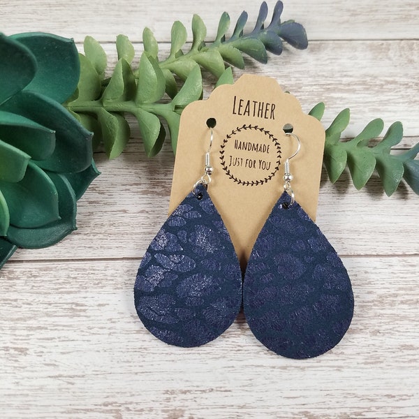 Small Navy Blue Cheetah Suede Teardrop Earrings/Soft Animal Leopard Print Petal Earrings/Gift for Her under 10/Dangle Drop Leather Earrings