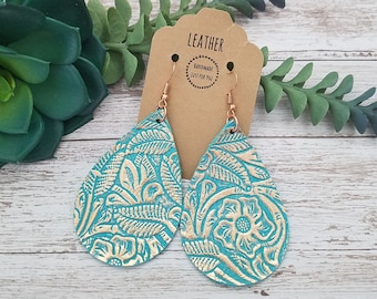 Large Turquoise Rose Gold Flower Embossed Leather Teardrop Earrings