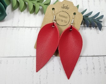Long Red Leather Earrings/Pinched Teardrop Leaf Earrings/Gift for Her under 10/Birthday Gift/Dangle and Drop Earrings/Statement Earrings