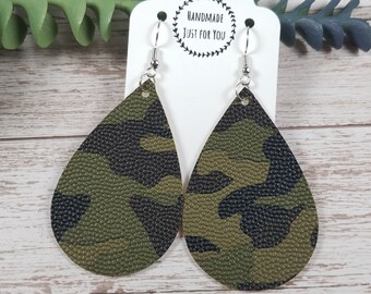 Small Camo EarringsCamouflage Cork Teardrop EarringsMilitary Lightweight EarringGift for Her under 10Statement Dangle and Drop Earrings