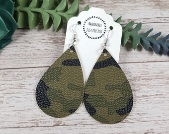 Camo Teardrop Vinyl Plastic Earrings, Military Dangle and Drop Jewelry