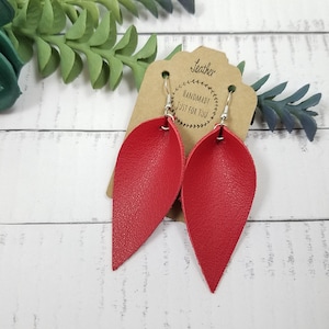 Long Red Leather Earrings/Pinched Teardrop Leaf Earrings/Gift for Her under 10/Birthday Gift/Dangle and Drop Earrings/Statement Earrings