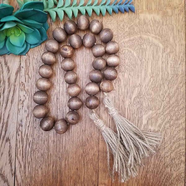 Farmhouse Wood Bead Garland/Stained Brown Bead Garland/Brown Table Décor/Tiered Tray Décor/Farmhouse Home Décor/Fall Brown Wood Bead Tassels