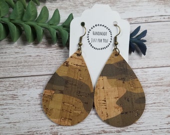 Small Camo EarringsCamouflage Cork Teardrop EarringsMilitary Lightweight EarringGift for Her under 10Statement Dangle and Drop Earrings