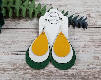 Green Gold White Layered Teardrop Earrings/Portland Timbers Soccer Sports Fan Vinyl Statement Earrings/Dangle and Drop Earring/Gift under 10