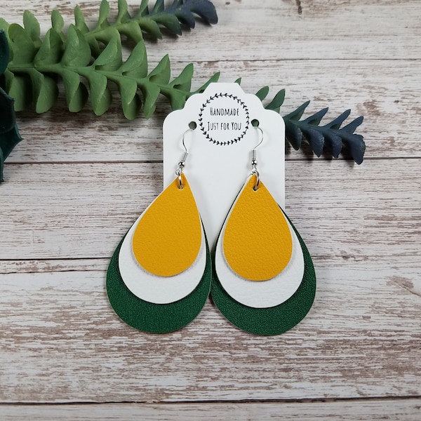 Green Gold White Teardrop Vinyl Earrings, Sports Fan Dangle Earrings