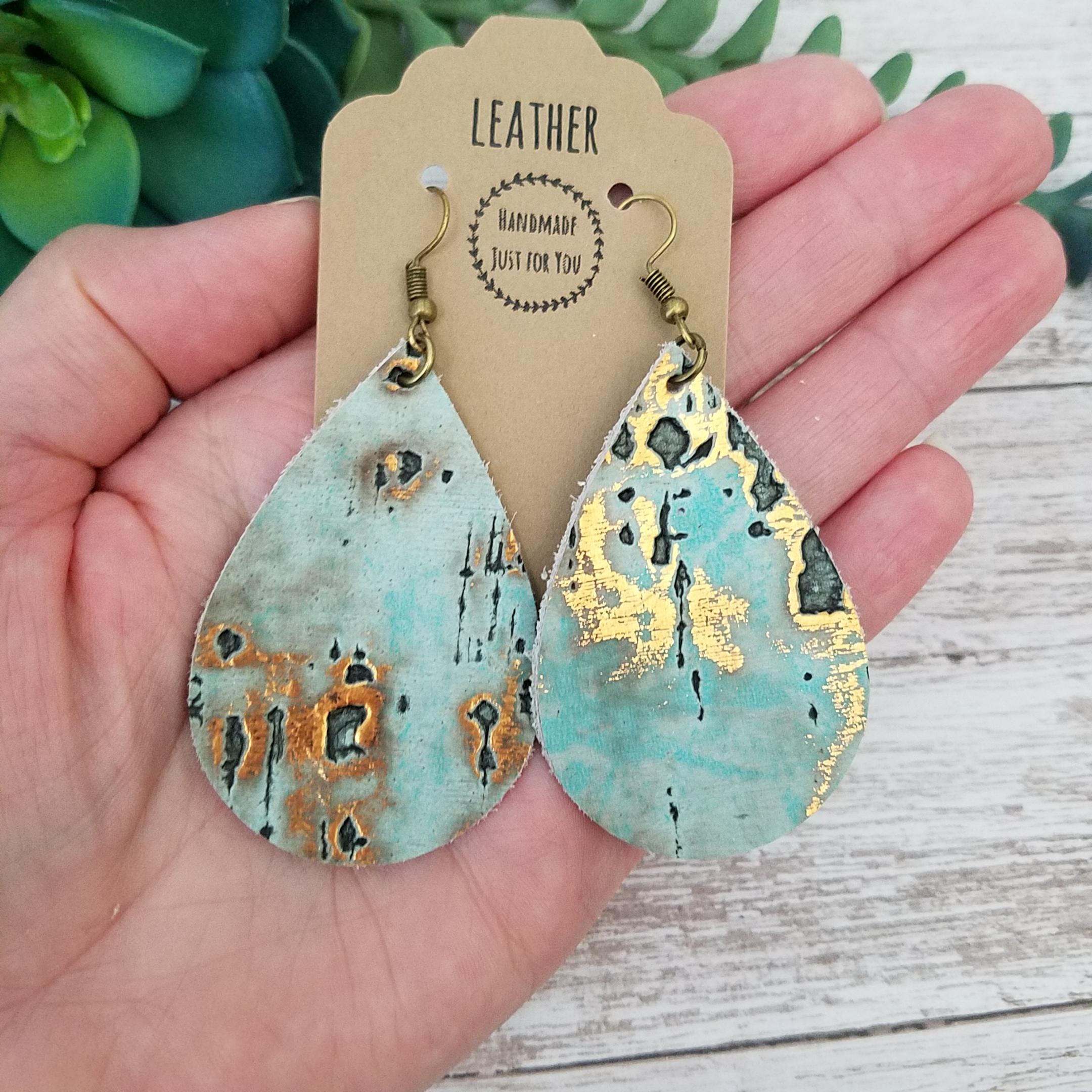 Turquoise Gold Teardrop Leather Earrings, Rustic Western  display picture 3