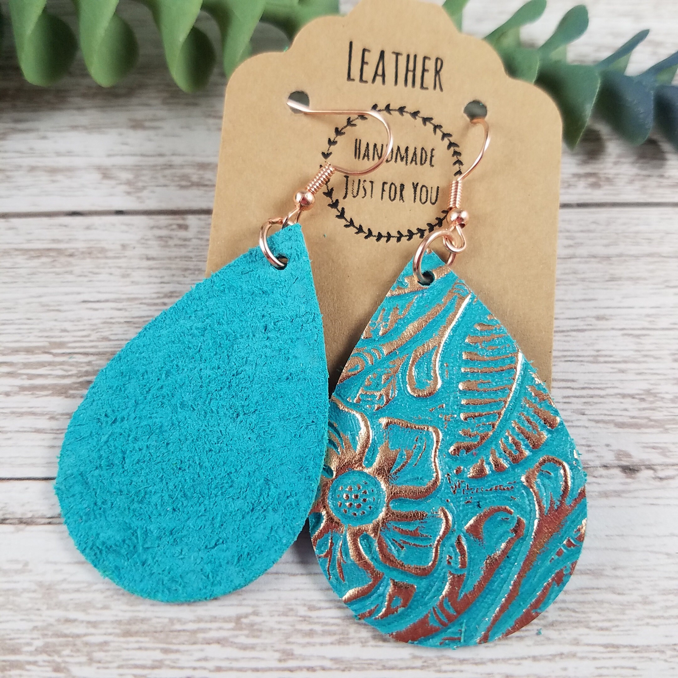 Small Turquoise Teardrop Leather Earrings, Rose Gold Floral 