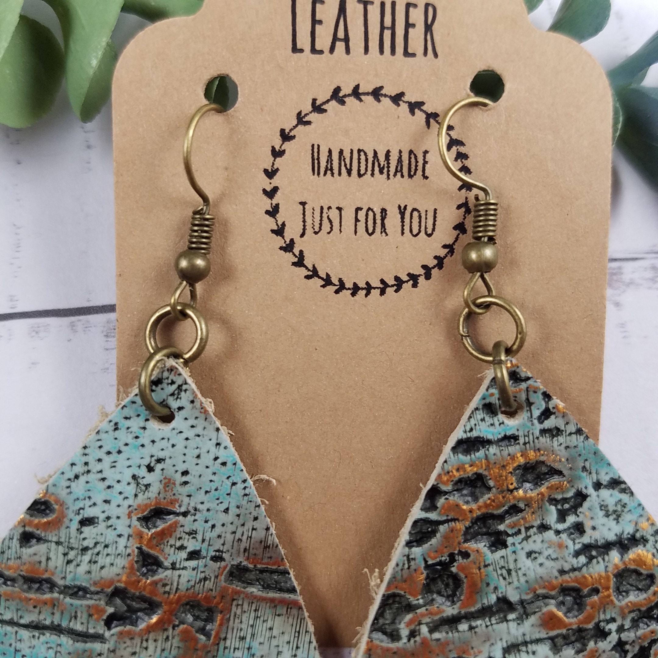 Handcrafted Yellow Gold HOH Leather Teardrop Earrings with Turquoise Accent Small Turquoise Teardrop Leather Earrings, Rose Gold Floral  main image 3