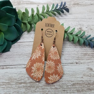 Long Oval Flower Drop Earrings/Burnt Orange Dahlia Floral Cork Leather Back Dangle Oblong Earring/Gift for her under 10/Firm Leather Earring