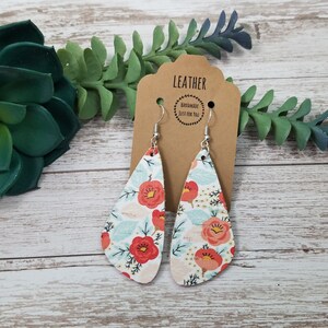 Long Oval Floral Print Drop Earrings/Cork with Leather Back Dangle Oblong Earrings/Gift for her under 10/Firm Leather Earrings