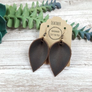 Small Leather Pinched Leaf Earrings/Brown Worn Petal Earrings/Gift for her under 10/Genuine Leather/Statement Dangle Earrings/Soft Leather