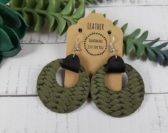 Dark Sage Green Suede Circle Cutout Drop Earrings/Leather Circle Earrings/Holiday Gift for Her under 10/Statement Dangle Drop Earrings