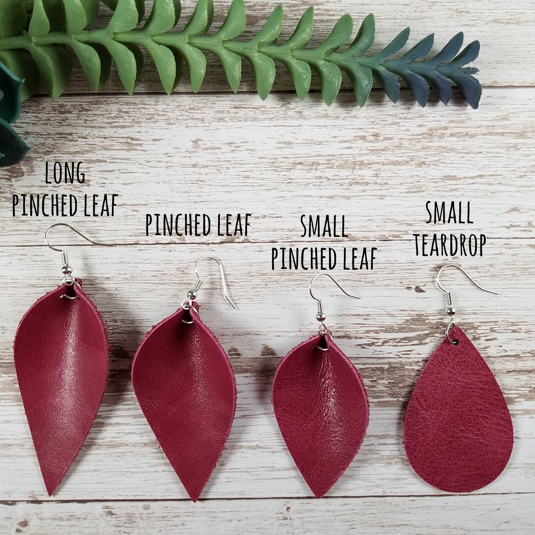 Long Raspberry Pink Worn Leather Pinched Leaf Earrings