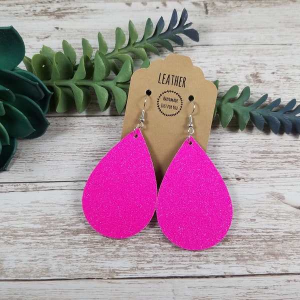 Leather Sequin Sparkle Neon Hot Pink Glitter Teardrop Earrings/1990s Party Petal Earrings/Gift for her under 10/Dangle Drop Statement