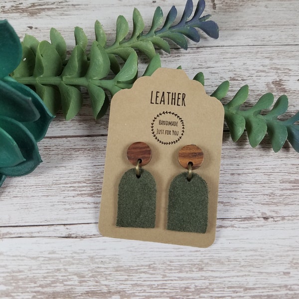 Mini Olive Green U Shape Suede Leather Wood Earrings/Petite Small Modern Earrings/Gift for her under 10/Soft Dangle Drop Leather Earrings