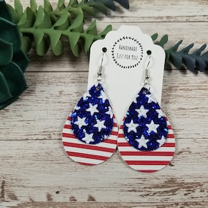 Small Glitter Stars and Stripes Patriotic Layered Teardrop Earrings/USA Vinyl Earrings/Fourth of July/Gift under 10/Americana Flag Earring
