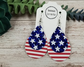 Small Glitter Stars and Stripes Patriotic Layered Teardrop Earrings/USA Vinyl Earrings/Fourth of July/Gift under 10/Americana Flag Earring