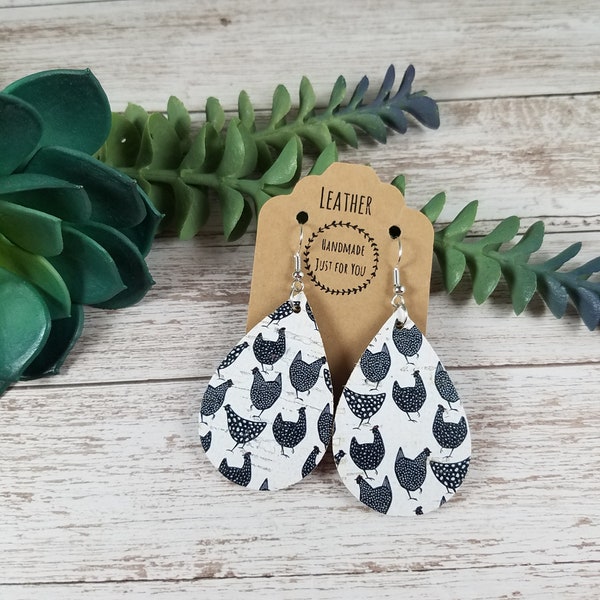 Small Cork Leather Teardrop Earrings/Chicken Hen Rooster Print Farmhouse Firm Petal Earrings/Dangle and Drop Animal Earring/Gift under 10