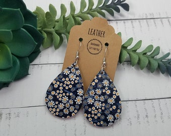 Small Daisy Flower Cork Leather Teardrop Earrings, White, Navy, and Orange