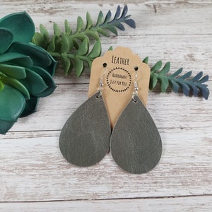 Gray Worn Leather Earrings/Teardrop Earrings/Gift for her under 10/Genuine Leather/Statement Earrings/Soft Leather/Dangle and Drop
