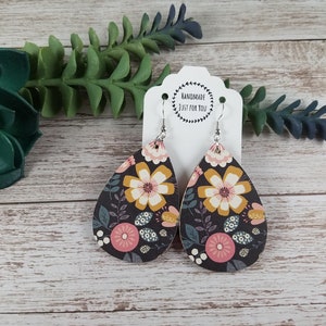 Wood Teardrop Earrings/Decoupage Flower Paper and Wood Earrings/Dangle and Drop Earrings/Shabby Chic Accessories/Gift for Her Under 10