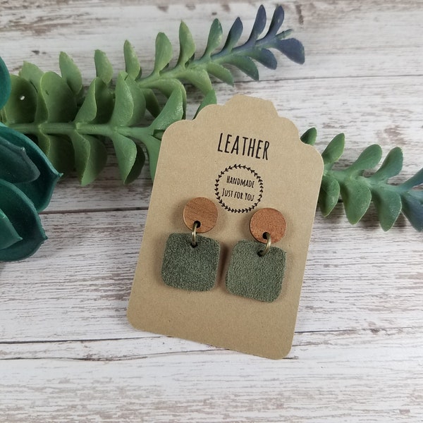 Mini Olive Green Square Suede Leather Wood Earrings/Petite Small Modern Earrings/Gift for her under 10/Soft Dangle Drop Leather Earrings