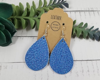 Small Denim Blue Pattern Leather Teardrop Earrings
