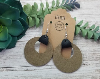 Taupe Brown Suede Circle Cutout Leather Dangle Earrings