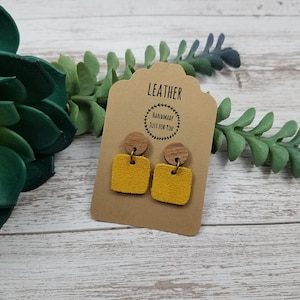 Mini Mustard Square Suede Leather Earrings, Walnut Wood Studs, Modern Square Drop