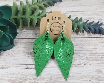 Long Green Leather Pinched Leaf Earrings/Sparkle Green Petal Soft Suede Earrings/Gift for her under 10/Genuine Leather/Statement Earrings