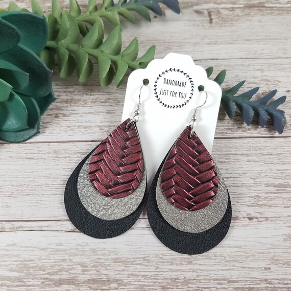 Layered Teardrop Earring With Crimson Silver Black Faux Leather Vinyl sports Dangle and Drop Earring gift Under 10 statement sherwood Bowmen Etsy