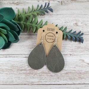 Small Gray Worn Leather Earrings/Teardrop Earrings/Gift for her under 10/Genuine Leather/Statement Earrings/Soft Leather/Dangle and Drop