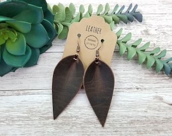 Long Leather Pinched Leaf Earrings/Brown Worn Petal Earrings/Gift for her under 10/Genuine Leather/Statement Dangle Earrings/Soft Leather