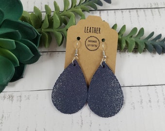 Small Metallic Navy Blue Leather Teardrop Earrings