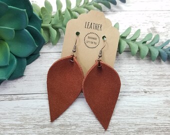 Cinnamon Brown Pinched Leaf Suede Earrings/Soft Petal Leather Earrings/Gift for her under 10/Modern Dangle and Drop Leather Earrings