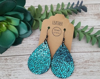 Small Teal Blue Metallic Suede Teardrop Leather Earrings